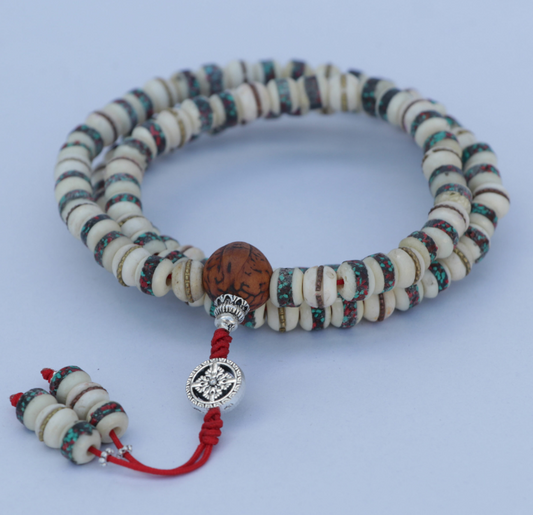 Antique Bodhi Inlaid Yak Bone Mala