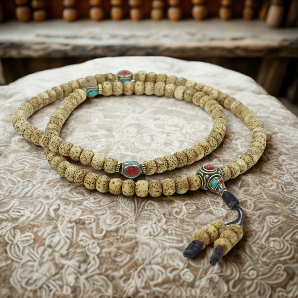 Antique Lotus Seed Mala with Tibetan Inlaid Beads