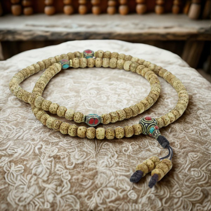 Antique Lotus Seed Mala with Tibetan Inlaid Beads
