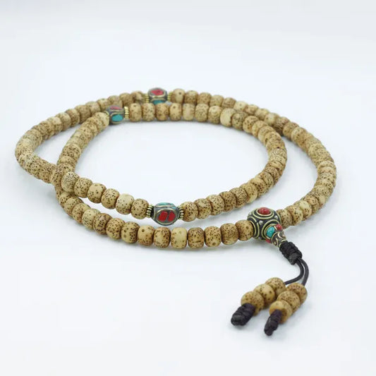 Antique Lotus Seed Mala with Tibetan Inlaid Beads