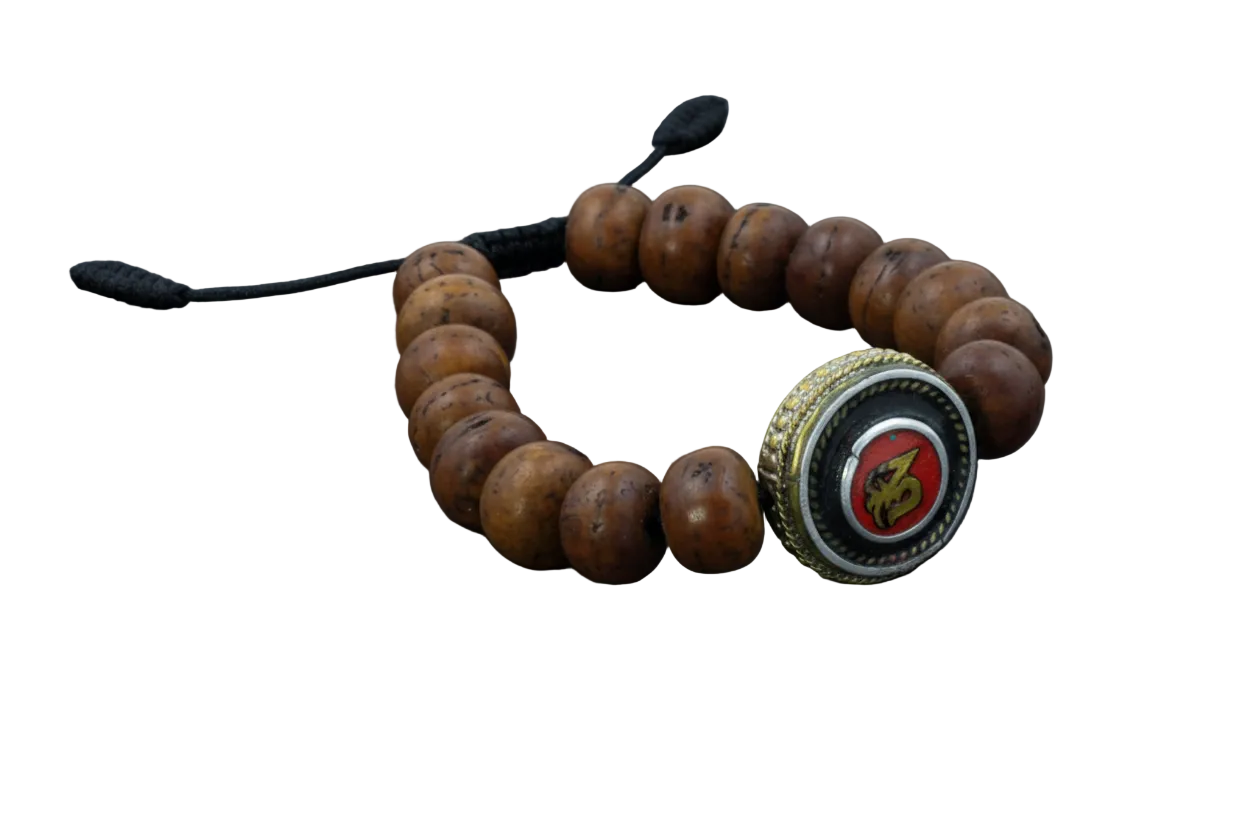 Antique Flat Bodhi Seed Wrist Mala Bracelet with Tibetan Om Inlaid Bead