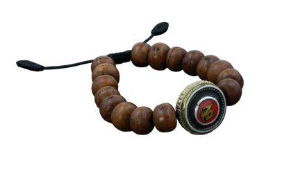 Antique Flat Bodhi Seed Wrist Mala Bracelet with Tibetan Om Inlaid Bead