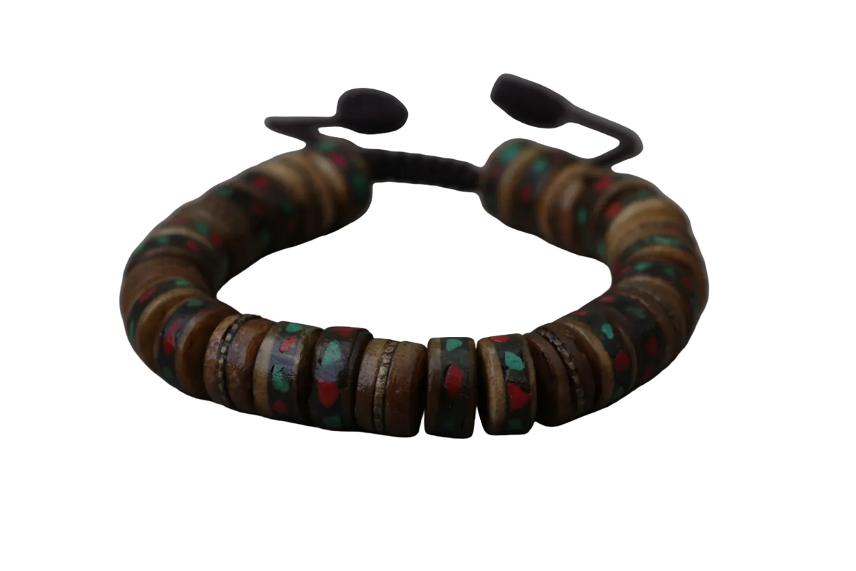 Brown Inlaid Yak Bone Wrist Mala Bracelet