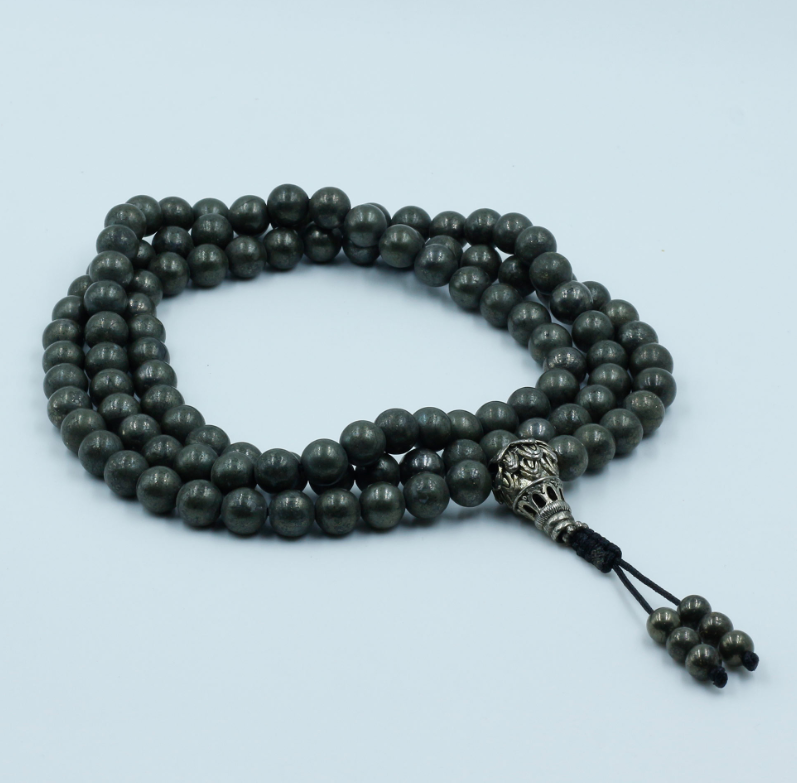 Garnet Stone Mala with White Metal Lotus Guru Bead