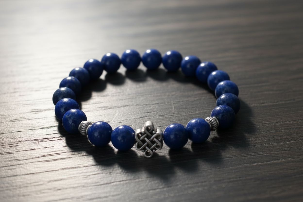 Lapis Lazuli Wrist Mala Bracelet with Endless Knot