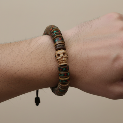 Skull and Inlaid Yak Bone Wrist Mala Braclelet