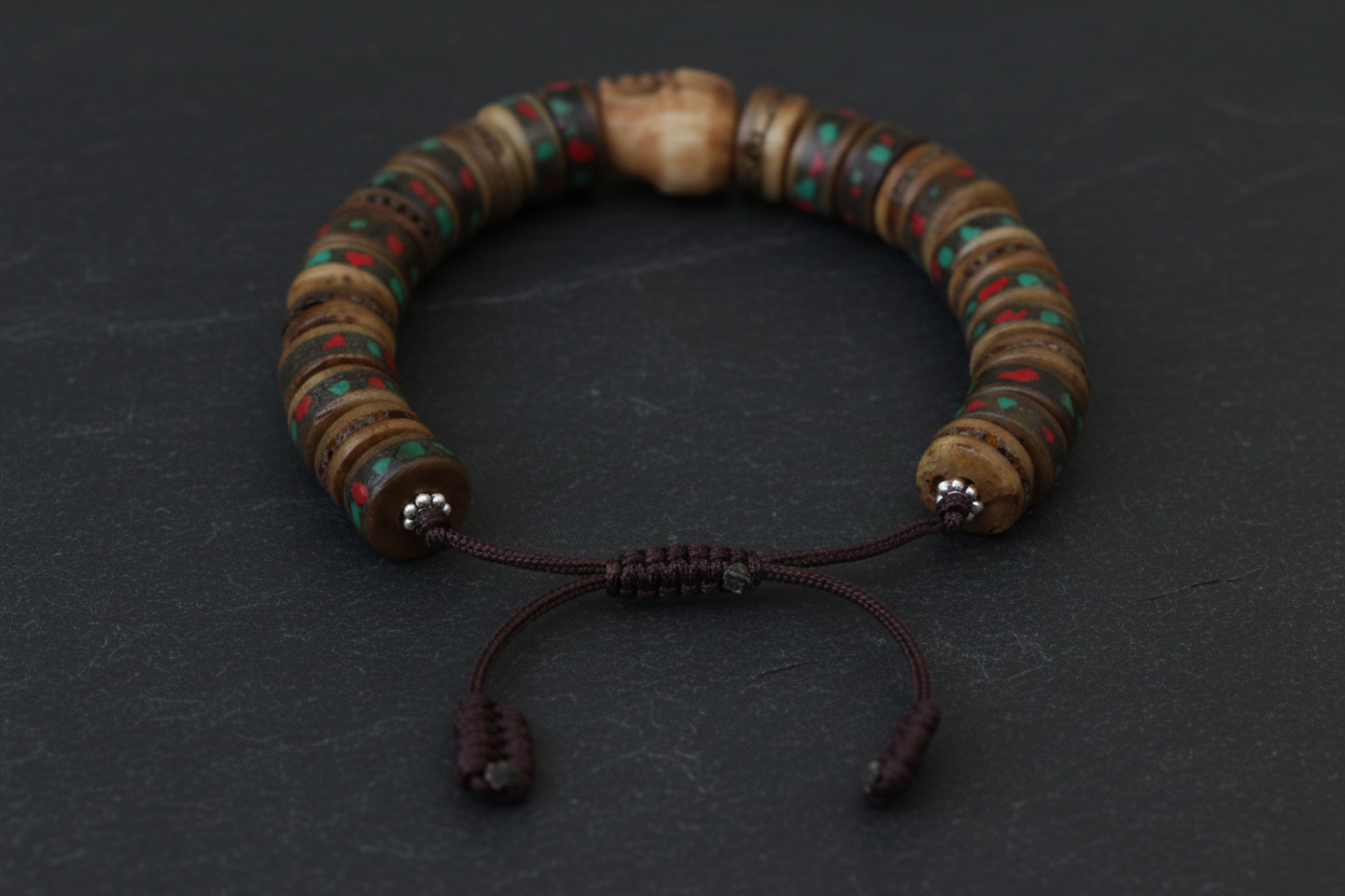 Skull and Inlaid Yak Bone Wrist Mala Braclelet