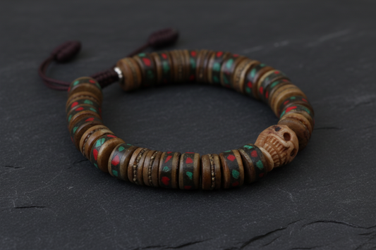 Skull and Inlaid Yak Bone Wrist Mala Braclelet