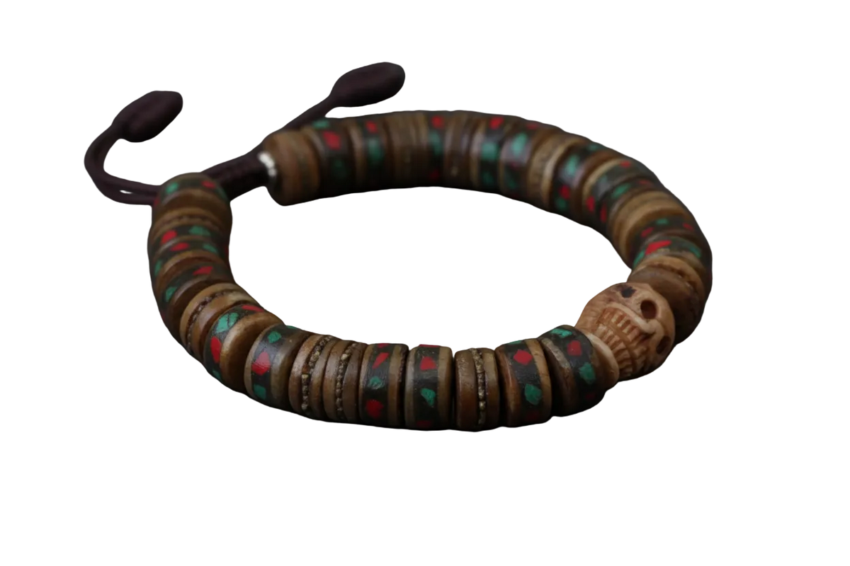 Skull and Inlaid Yak Bone Wrist Mala Braclelet