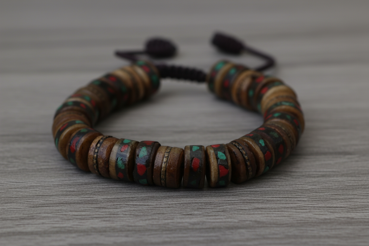 Brown Inlaid Yak Bone Wrist Mala Bracelet