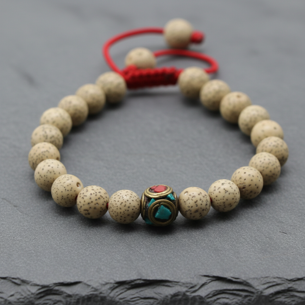 Lotus Seed and Inlaid Brass Wrist Mala Bracelet
