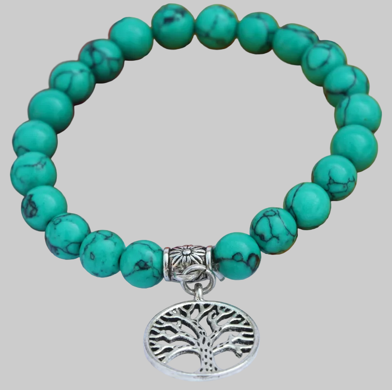 Turquoise Stone Wrist Mala Bracelet with Life of Tree Charm