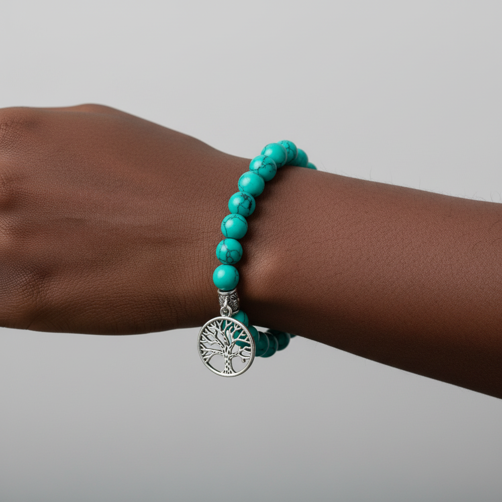 Turquoise Stone Wrist Mala Bracelet with Life of Tree Charm