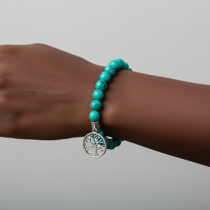 Turquoise Stone Wrist Mala Bracelet with Life of Tree Charm