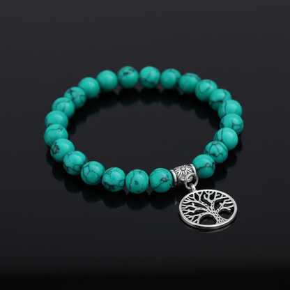 Turquoise Stone Wrist Mala Bracelet with Life of Tree Charm