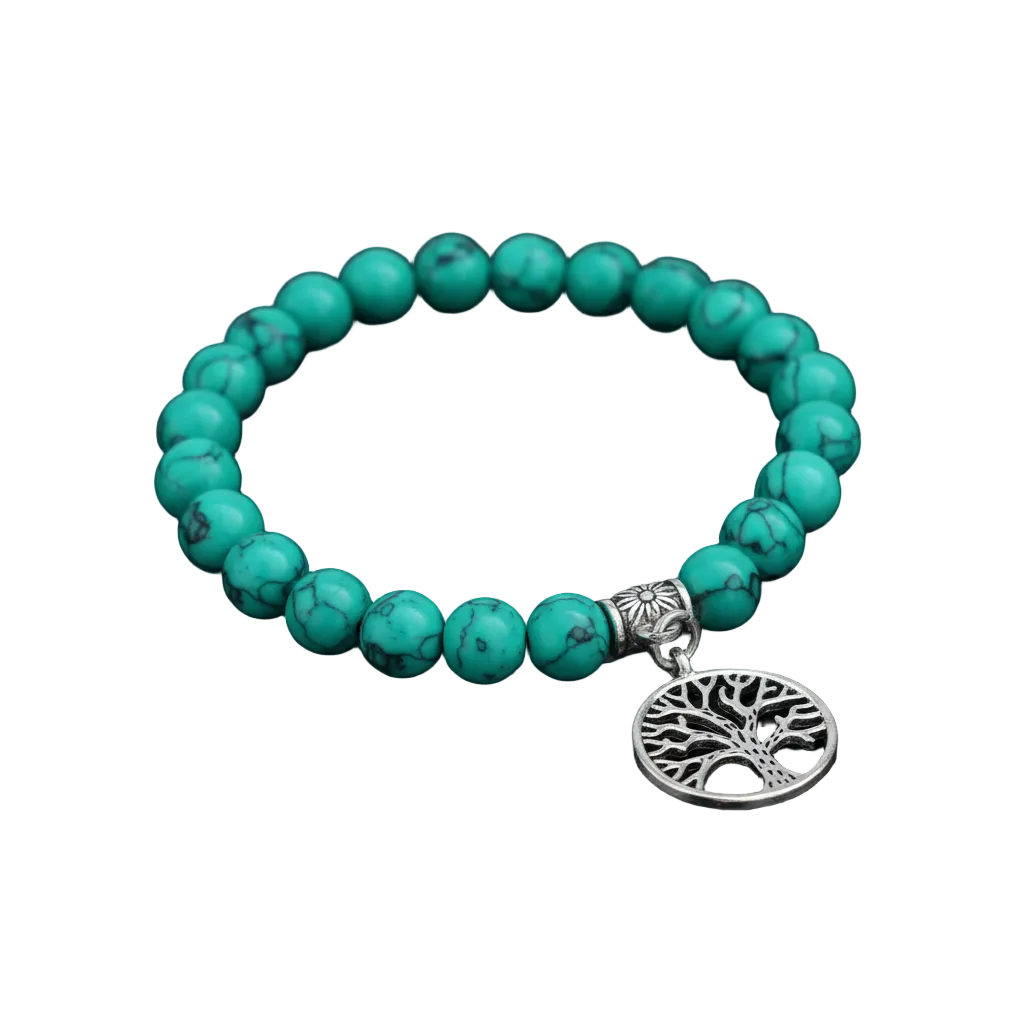 Turquoise Stone Wrist Mala Bracelet with Life of Tree Charm