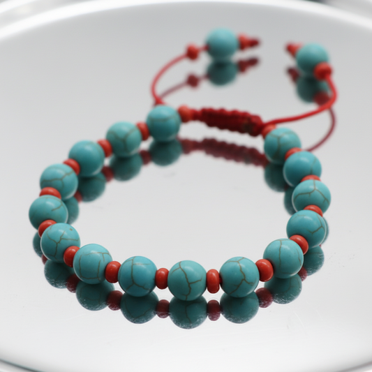 Turquoise Stone and Red Coral Wrist Mala Bracelet