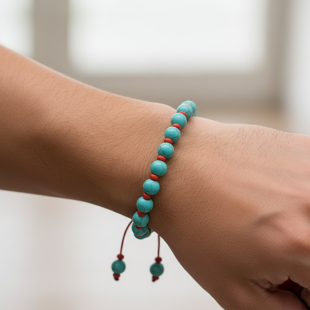 Turquoise Stone and Red Coral Wrist Mala Bracelet