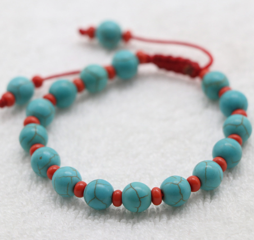 Turquoise Stone and Red Coral Wrist Mala Bracelet