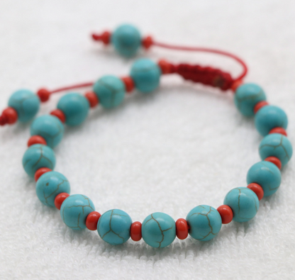 Turquoise Stone and Red Coral Wrist Mala Bracelet