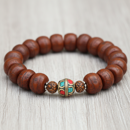 Antique Bodhi Seed and Inlaid Brass Bead Wrist Mala Bracelet