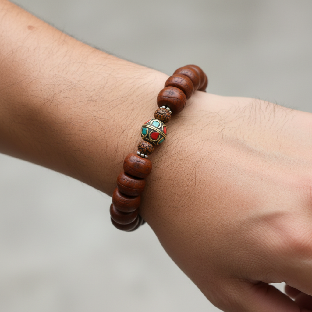 Antique Bodhi Seed and Inlaid Brass Bead Wrist Mala Bracelet