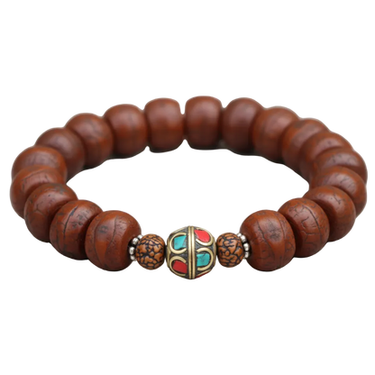 Antique Bodhi Seed and Inlaid Brass Bead Wrist Mala Bracelet
