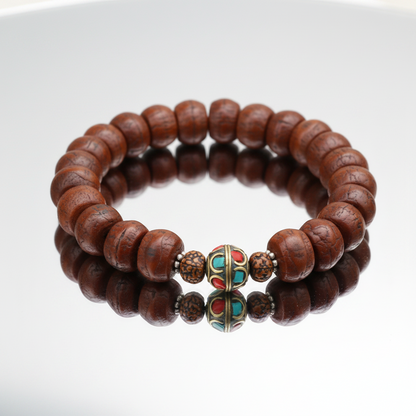 Antique Bodhi Seed and Inlaid Brass Bead Wrist Mala Bracelet