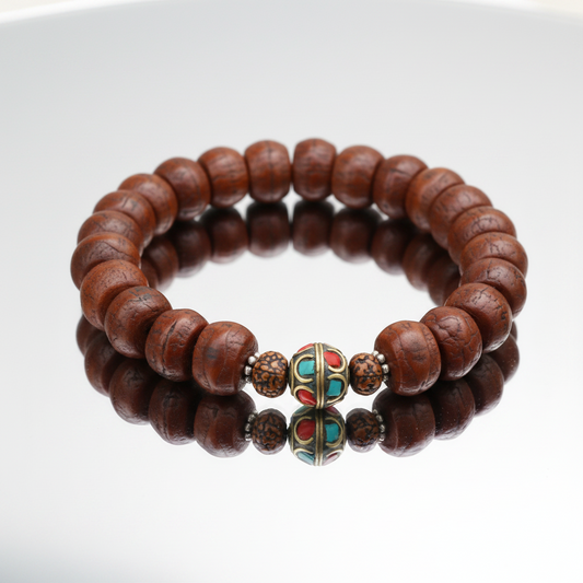 Antique Bodhi Seed and Inlaid Brass Bead Wrist Mala Bracelet