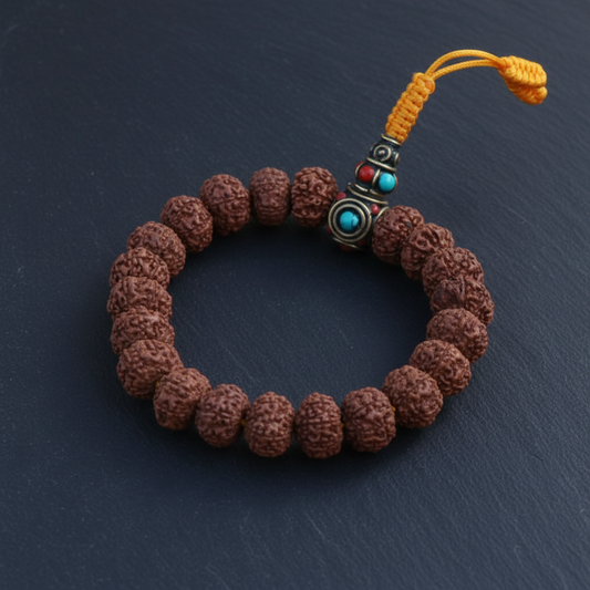 5 Faced Rudraksha Seed Wrist Mala with Inlaid Brass Bead