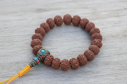 5 Faced Rudraksha Seed Wrist Mala with Inlaid Brass Bead