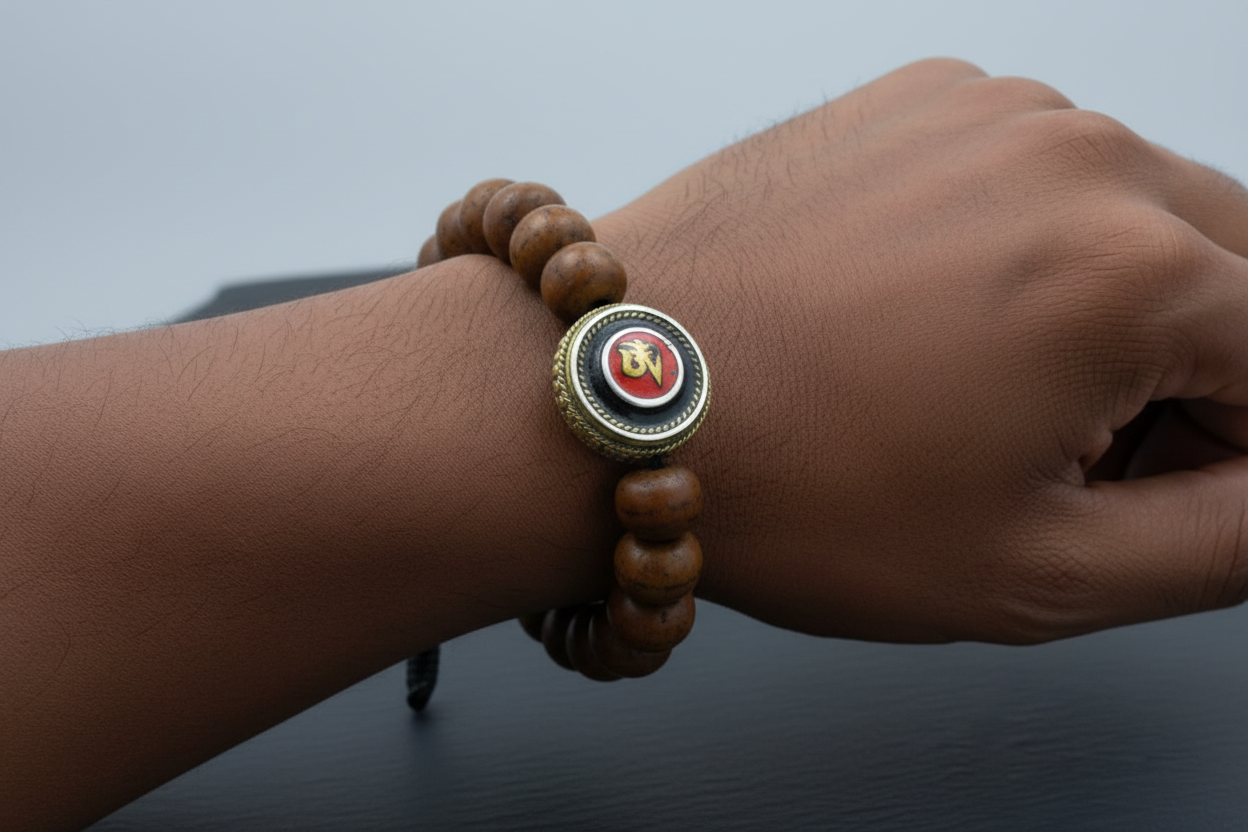 Antique Flat Bodhi Seed Wrist Mala Bracelet with Tibetan Om Inlaid Bead