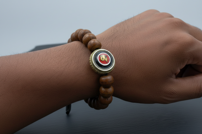 Antique Flat Bodhi Seed Wrist Mala Bracelet with Tibetan Om Inlaid Bead