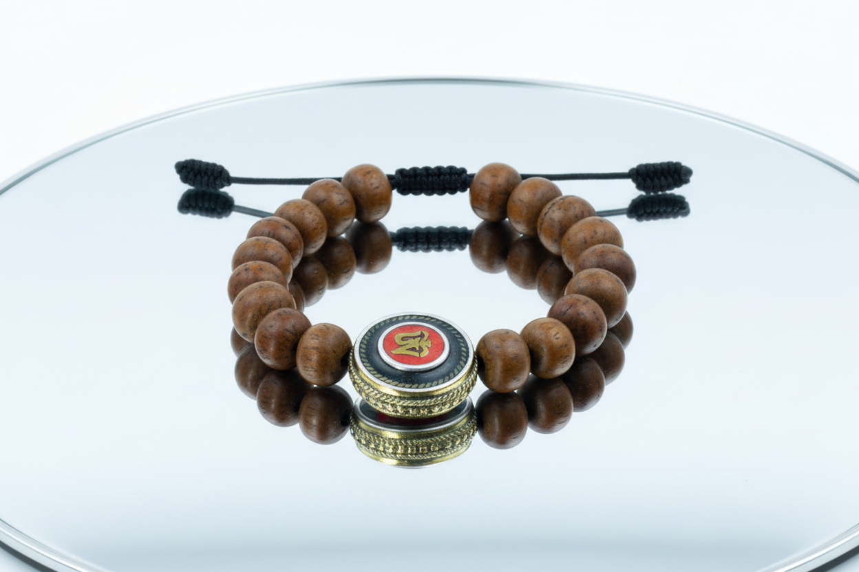 Antique Flat Bodhi Seed Wrist Mala Bracelet with Tibetan Om Inlaid Bead