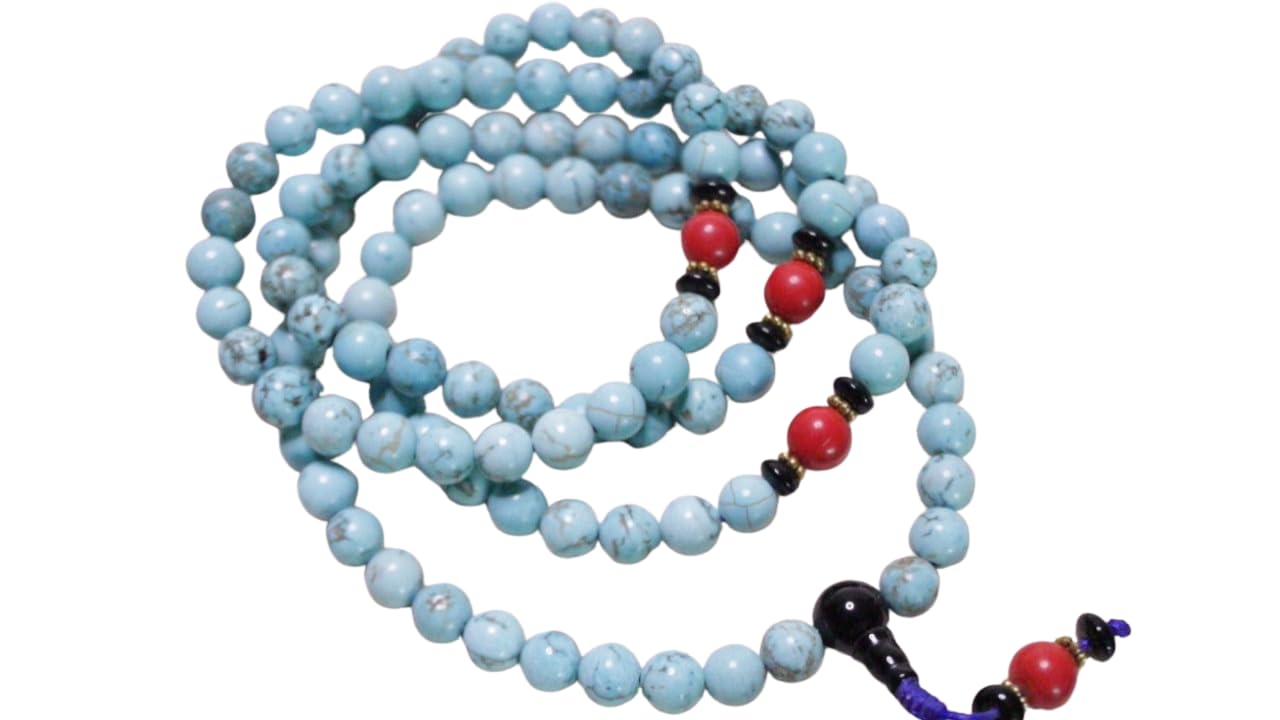 Turquoise and Red Coral Stone Mala